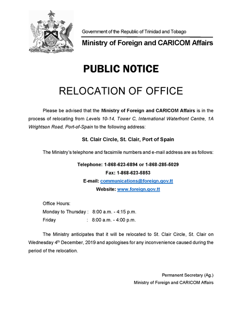 Relocation of Ministry