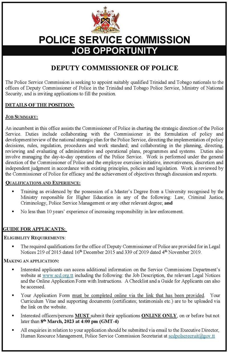 Advertisement for DEPUTY COMMISSIONER OF POLICE