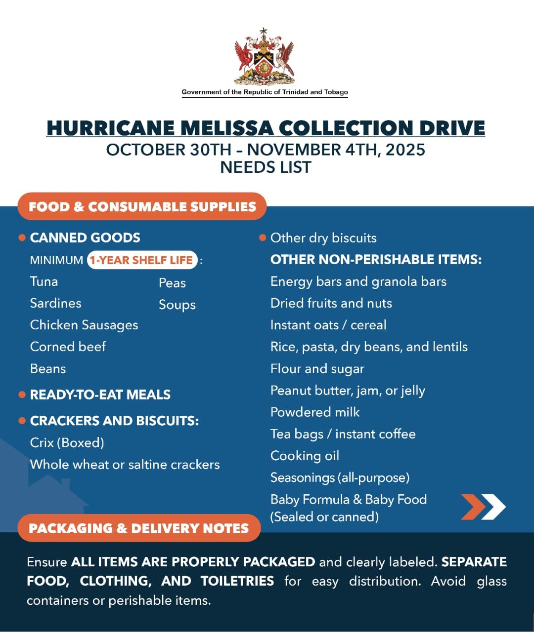 Hurricane Melissa Needs List - Food and Consumable Supplies