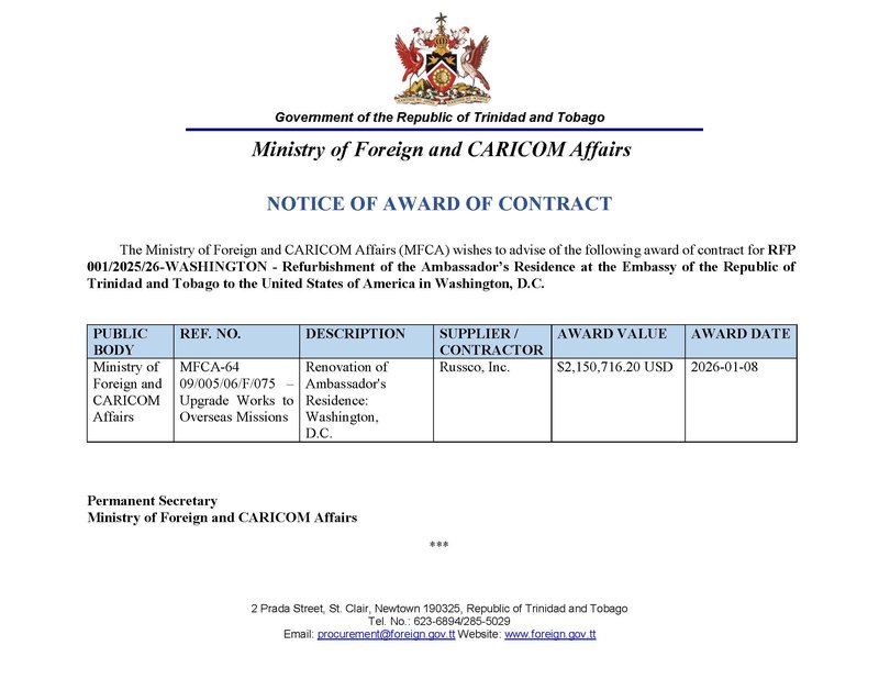 NOTICE OF AWARD OF CONTRACT - Upgrades to Ambassador's Residence at Embassy Washington DC (002)