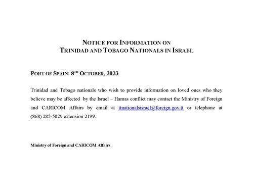 Notice - Trinidad and Tobago Nationals in Israel