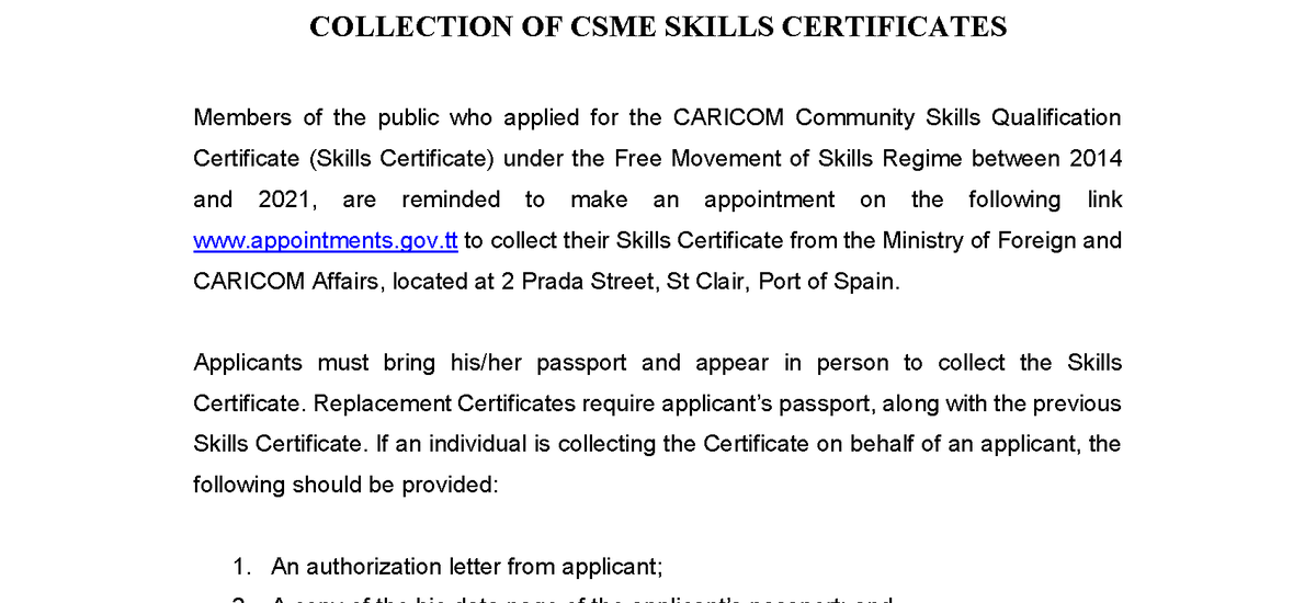 Public Notice - Collection of CSME Skills Certificate