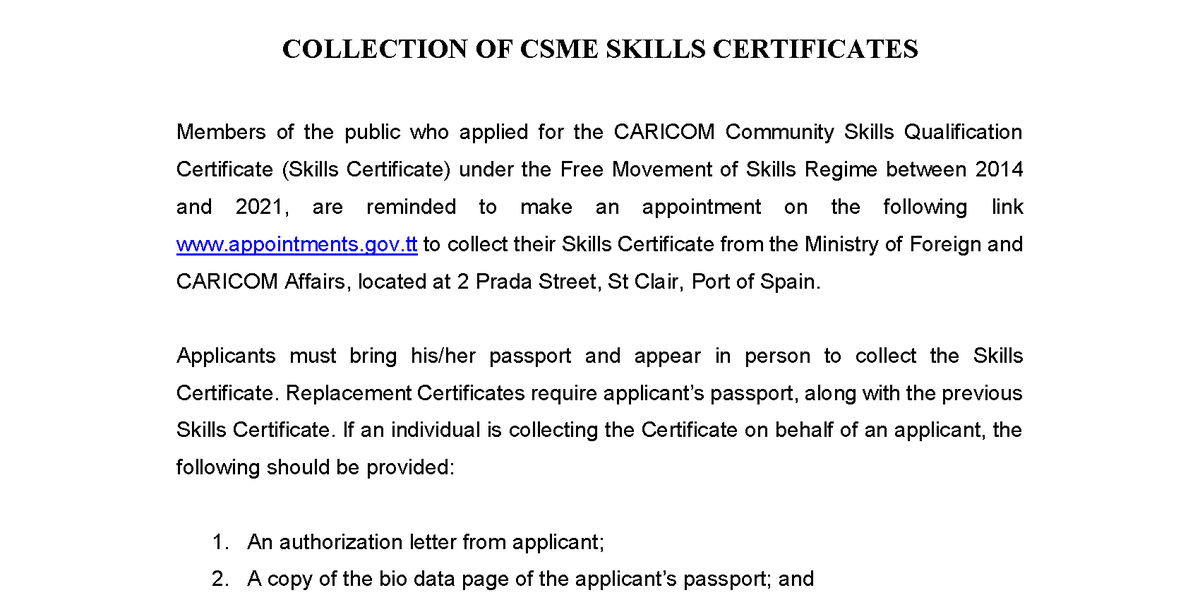 Public Notice - Collection of CSME Skills Certificate