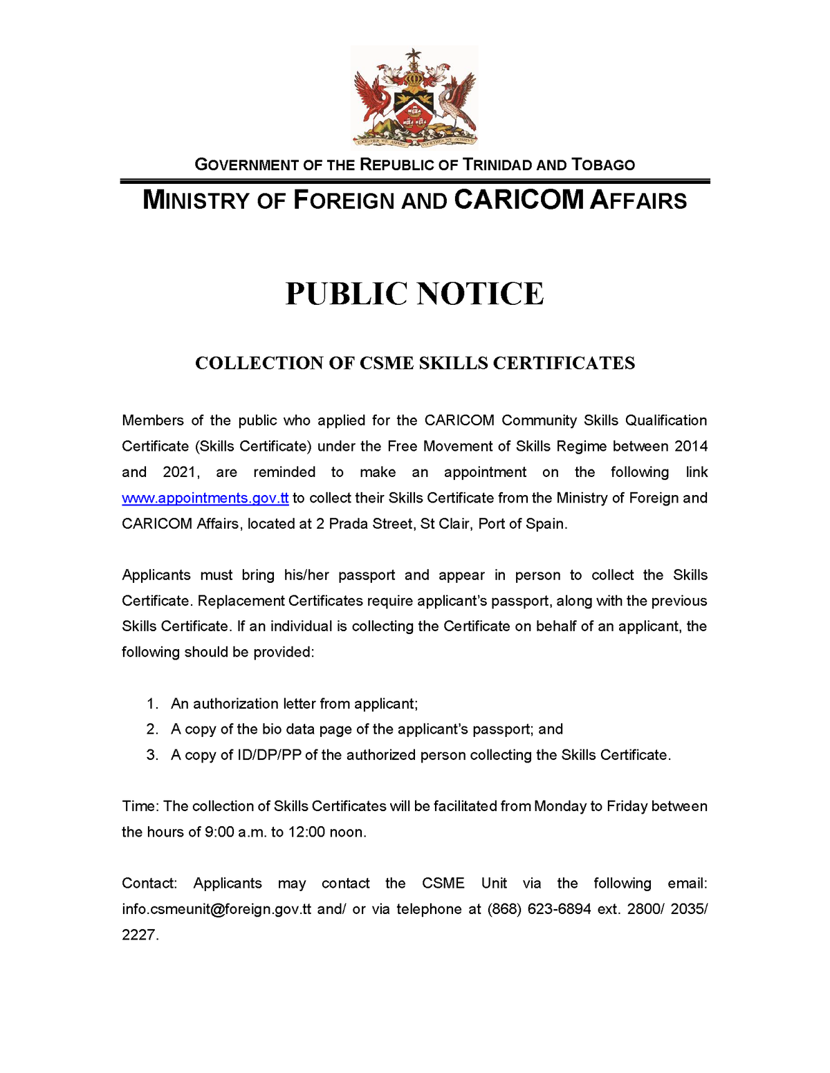 Ministry of Foreign and CARICOM Affairs | Public Notice: Collection of