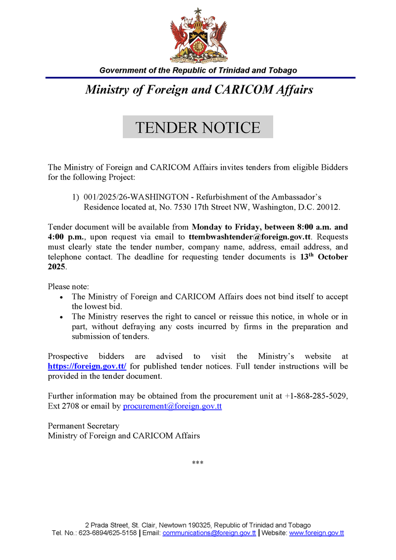 Tender Notice - TT EMB Washington - 03-10-2025